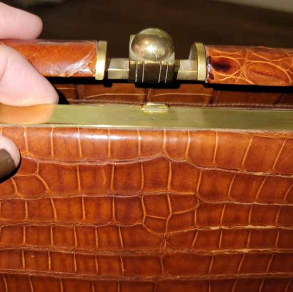 VINTAGE 1950s Industria Argentina Caiman Alligator Leather Purse Cognac Brown - Picture 10 of 17